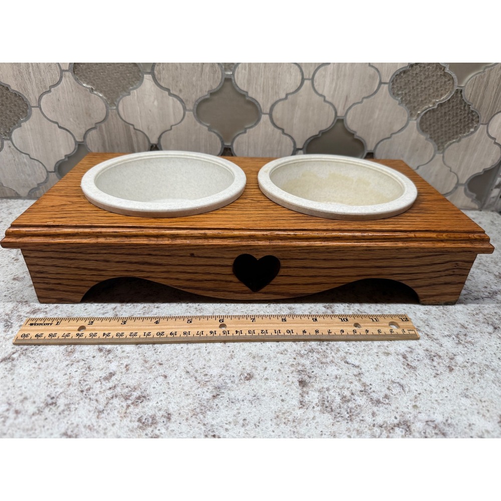 Handmade Oak Wood Elevated Double Pet Feeder Raised Dog Cat Bowls Heart Cutout